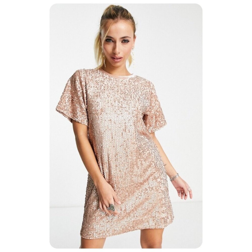 !! Twisted Wunder London Oversized Short Sleeve T-Shirt Champagne Sequin Dress